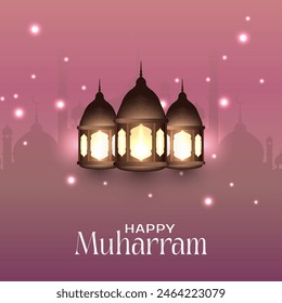 The Muharram greetings card features a beautifully designed Arabic lantern set against a subtle pinkish background, creating an elegant and serene ambiance.