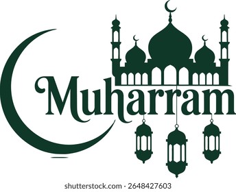 une illustration de muharram représentant un croissant de lune de mosquée et des lampes suspendues dans un design simple.