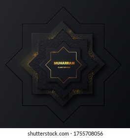 Banner oscuro de las nuevas festividades islámicas de Muharram con oro. Diseño de la festividad islámica. Bandera del Islam, religión musulmana