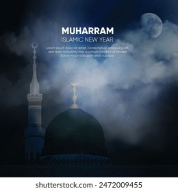 Muharram or Islamic New Year design depicting the illuminated green dome and minaret of the Prophet's Mosque at night. It is a historic mosque built by prophet Muhammad, situated in the city of Medina