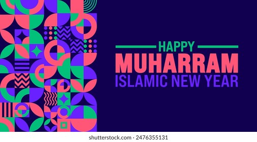 Muharram Islamic New Year geometric shape pattern background template. Holiday concept. Use a background, banner, placard, card, and poster design template with text inscription and standard color.