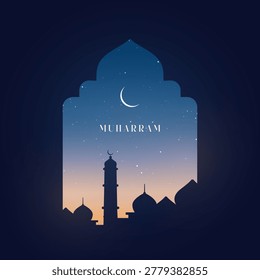 Muharram Mosque Silhouette Under Crescent Moon Night Sky Design Arts. Happy Muharram and Islamic New Year festival greeting poster design.