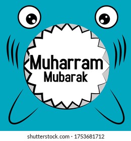 muharram mubarak, beautiful greeting card background or banner with cute shark theme. vector