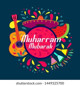 muharram mubarak has mean muslim event, beautiful greeting card background or banner with colorful summer theme. design illustration