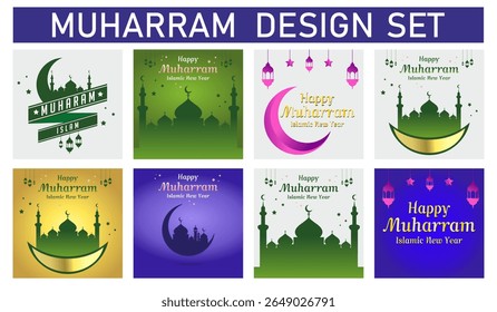 Muharram Mubarak Vector Design with Crescent Moon and Lanterns, Islamic New Year Vector Poster.