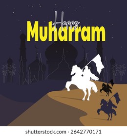 Muharram procession with horse riders holding flags, mosque silhouette in the background, night sky with stars, Islamic new year concept.