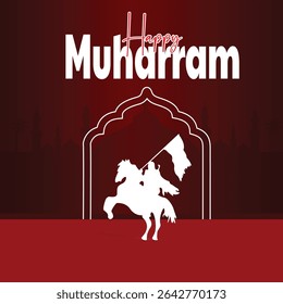 Muharram procession with horse riders holding flags, mosque silhouette in the background, night sky with stars, Islamic new year concept.