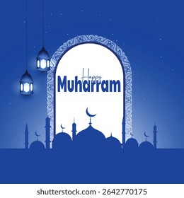 Muharram procession with horse riders holding flags, mosque silhouette in the background, night sky with stars, Islamic new year concept.