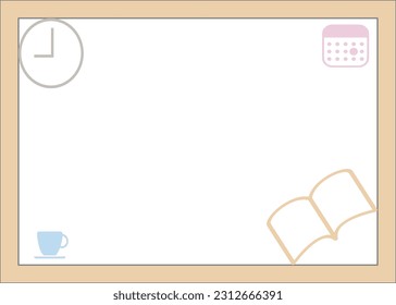 Muji minimal frame for light brown on white background decorating by a cup book calendar and clock for background and texture concept with space for wording 