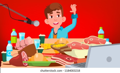 Mukbang Eating Show Vector. Guy. Social Eating. Popular Video Streamer Blogger. Illustration
