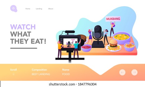 Mukbang Landing Page Template. Tiny Characters Eating and Tasting Food on Video Camera for Social Media Vlog, Program Broadcast, Meals Degustation in Internet. Cartoon People Vector Illustration