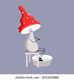 mukhamor is sitting on a stool and warming his feet in a basin drinking a hot drink