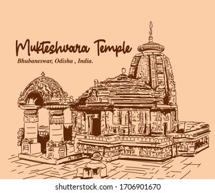 Mukteshvara Temple Bhubaneswar, Odisha , India. sketch to vector illustrator