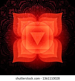 Muladhara chakra colorful glowing symbol with mandala background. Spiritual meditation element vector illustration. Root chakra.