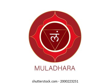 Muladhara chakra logo template. First root chakra symbol. Red sacral sign meditation, yoga round mandala icon vector isolated on white background 