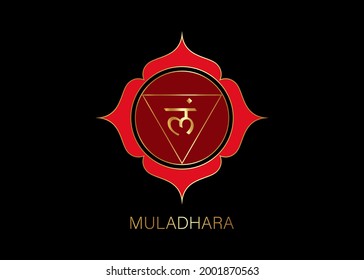 Muladhara chakra logo template. First root chakra symbol. Red and Gold sacral sign meditation, yoga mandala icon vector isolated on black background 