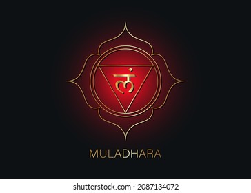 Muladhara chakra logo template. First root chakra symbol. Red and Gold sacral sign meditation, yoga mandala icon vector isolated on black background