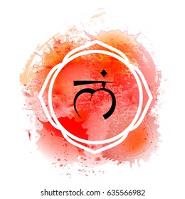 Muladhara chakra on red watercolor background. Yoga mantra, energy concept. Vector illustration