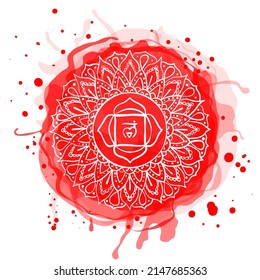 Muladhara chakra. Watercolor blot. Hand drawn sloppy vector art. Om sign. Red circle. Sacral icon. Meditation