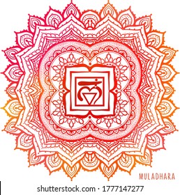 Muladhara First chakra coloring vector illustration. Root chakra symbol. Red Color. For logo yoga healing, meditation, kundalini. Beautiful outline mandala. Ethnic, Indian style.