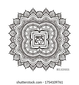 Muladhara First chakra vector illustration. Root chakra symbol. Black and white Color. For logo yoga healing, meditation, kundalini. Beautiful outline mandala. Ethnic, Indian style.
