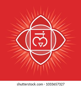 Muladhara - the first primary chakra. Vector square flat illustration, poster, label, banner - for yoga studio. Symbol  of energy center of human body, used in Hinduism, Buddhism and Ayurveda.