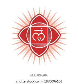 Muladhara - the first primary chakra, vector hand drawn illustration - for yoga studio. Symbol used in Hinduism, Buddhism and Ayurveda - alternative medicine. Pituitary gland in human body.