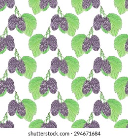 Mulberries. Seamless pattern with berries. Hand-drawn background. Vector illustration. Real watercolor drawing.