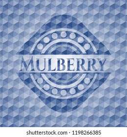 Mulberry blue emblem with geometric background.
