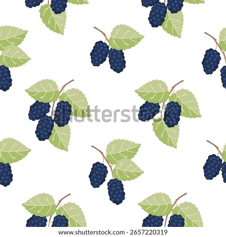 Mulberry branches seamless pattern. Cartoon background with berries and leaves. Blue, green, brown colors on a white. Floral print on fabric and paper. Vector design for textile. Food illustration.