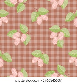 Mulberry branches seamless pattern. Pink color berries and green leaves on hand drawn tartan check background in brown. Organic print on fabric and paper. Nature vector design for textile, wallpaper.
