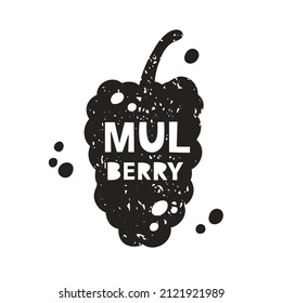 Mulberry grunge sticker. Black texture silhouette with lettering inside. Imitation of stamp, print with scuffs. Hand drawn isolated illustration on white background