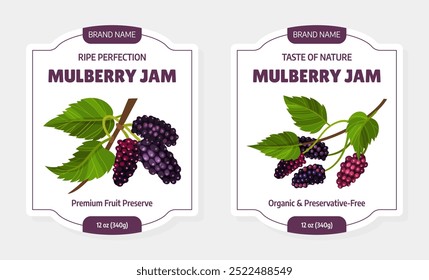 Adesivo de Mulberry Jam ou Design de rótulo com modelo de vetor de cultivo de frutas de jardim