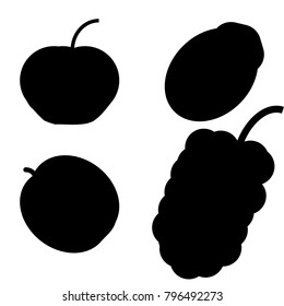 Mulberry, papaya, apple and apricot flat, black silhouette icon set.