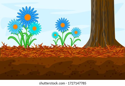 Mulch gardening concept with daisy, red mulch and tree trunk. Landscape design mulch. Mulches and mulching for decorative finish,soil protection. Woody waste using as a mulch.Stock vector illustration