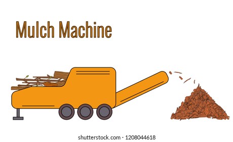 Mulcha Machine used for processing the wood waste for producing mulcha. Color vector illustration. Icon.