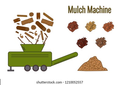 Mulcha Machine used for processing the wood waste for producing mulcha. Color vector illustration. Icon. Color mulcha.