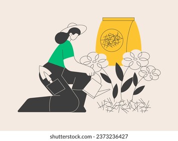 Mulching plants abstract concept vector illustration. Soil covering, plant protection, weed control, retain moisture, garden bed, wood chips, landscape fabric, decorative mulch abstract metaphor.