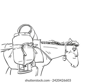 Mule carrying heavy gas cylinders on its back hand drawn illustration, Vector sketch of type of cargo transport widely used in himalayas, Black ink line drawing on white, A heavily laden animal