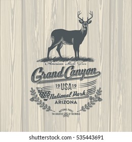 Mule deer, national Park, Grand Canyon, illustration, vector, on wooden background