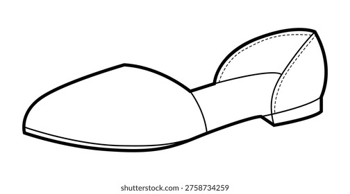 Mule flat shoe women single line. Open back pointed toe footwear for relaxed city walk warm season. Technical fashion illustration CAD mockup clean vector man unisex isolated modern style.