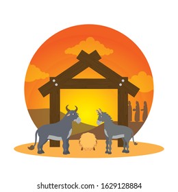 mule and ox manger characters vector illustration design