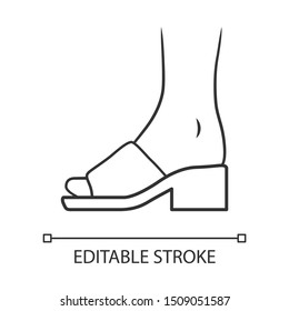 Mule sandals linear icon. Woman stylish footwear design. Female casual shoes, block high heels. Thin line illustration. Editable stroke. Contour symbol. Vector isolated outline drawing