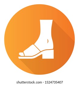 Mule sandals orange flat design long shadow glyph icon. Woman stylish footwear design. Female casual shoes, block high heels. Fashionable retro clothing accessory. Vector silhouette illustration