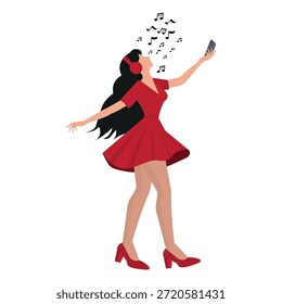Mulher ouvindo musica e dançando, com vestido vermelho.