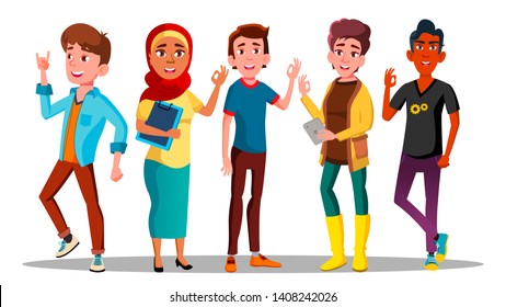 Mulicultural Characters People Satisfied Vector. Satisfied International Men And Women Showing Gesture Ok Hand Sign, Smiling And Standing. Well Done Expression Flat Cartoon Illustration