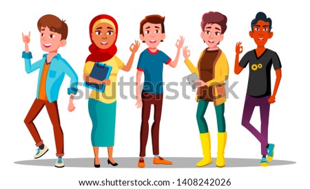 Mulicultural Characters People Satisfied Vector. Satisfied International Men And Women Showing Gesture Ok Hand Sign, Smiling And Standing. Well Done Expression Flat Cartoon Illustration