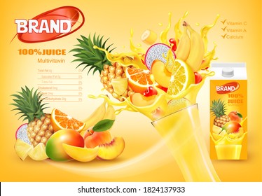 Mulitivitamin juice with fresh exotic fruits and splashing liquid.Whole and sliced pineapple, orange, peach, banana and dragon fruit in a sweet juice with splashes. Vector.