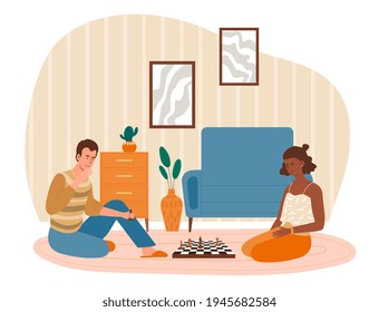 Mulitracial couple spend their time playing chess. highly intelligent games. Flat cartoon vector illustration concept design. Simple art isolated on white background. Concept of tactics and teamwork