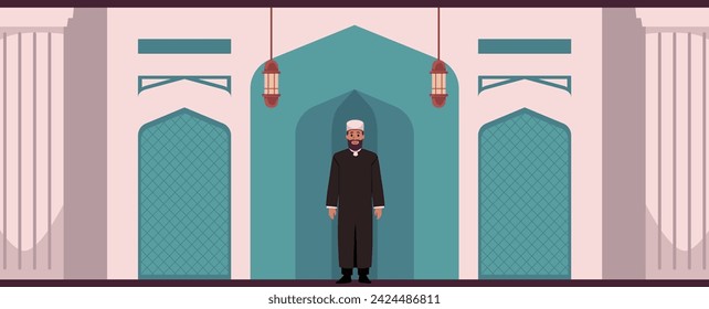Mullah, Imam o Mufti en la mezquita. Religión islámica. Oración de Ramadán Kareem. Interior musulmán e ilustración vectorial de la cultura. Fe árabe tradicional a Dios Alá